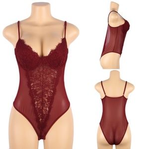 Red Eyelash laceTeddy Bodysuit Romper with snap crotch